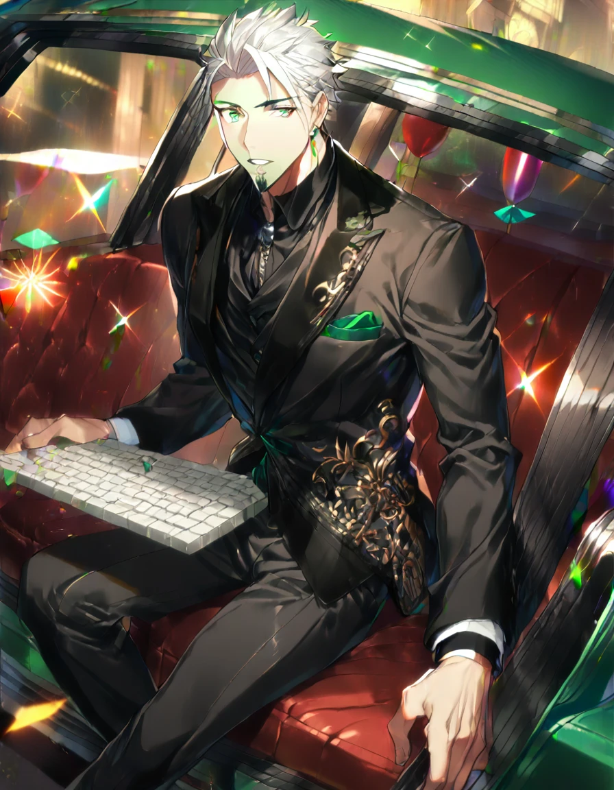 1 boy, male focus, Intricate details, 1 man, handsome, white hair, vibrant green eyes, slim muscles, anime, 19 years old, 19 years old, a small goatee,(the character is wearing an elegant black suit, going to a party, he would be in the car typing until the party)