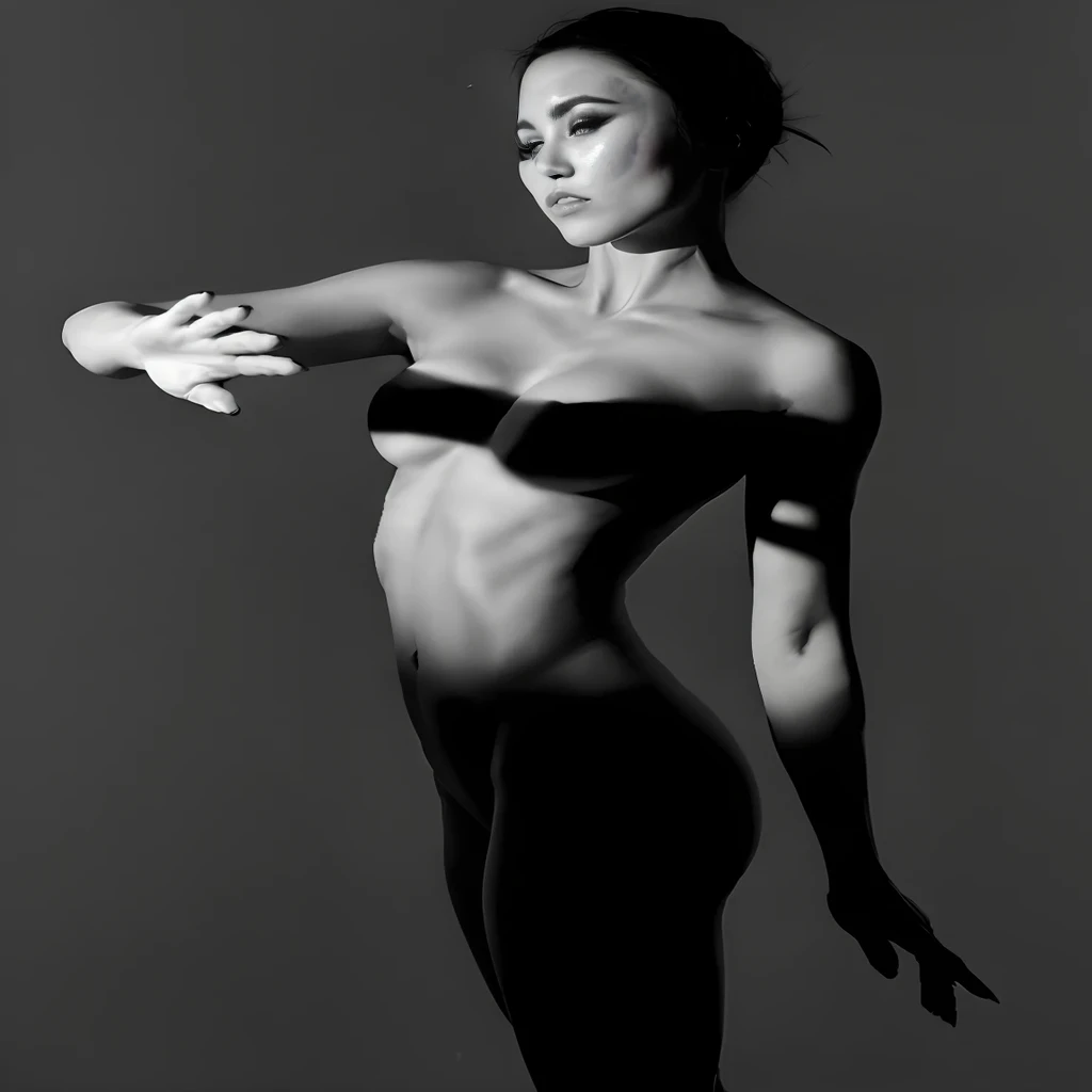 arafed woman in a black and white photo with her arm extended, dramatic imposing pose, beauty expressive pose, dramatic elegant pose, graceful body structure, posing in dramatic lighting, synthetic curves striking pose, dramatic powerful pose, on a mannequin. studio lighting, high contrast dramatic lighting, dramatic serious pose, hands behind her body pose!, body portrait, high contrast studio lighting