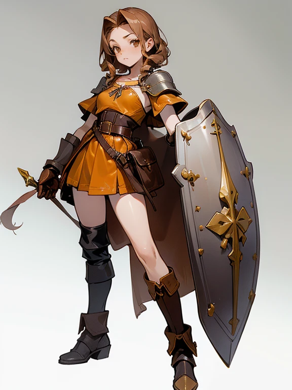 ((1 masterpiece, high resolution, best quality, 4k quality)), beautiful imagen, 1 girl, solo, adventurers, medium breasts, golden almond eyes, long brown hair, drill hair, hip bones, collarbone, skirt, school skirt, blouse, school blouse, ((leather armor)), leather gloves, asymmetrical gloves, leather boots, asymmetrical footwear, heeled boots, shoulder armor, ((single shoulder)), leather corsette, chest harness, open legs, full body, standing, pride pose, simple background, gray background,
