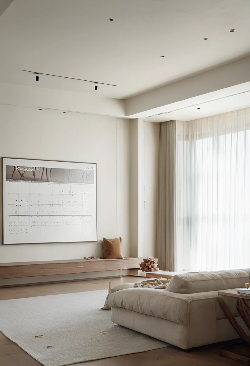 a calendar on a minimalist table, living room, white, gray, giant windows, detailed elegant calendar, ornate calendar, elegant calendar, minimalist interior, large windows, natural light, photorealistic, 8k, ultra-detailed, masterpiece, high quality, realistic, studio lighting, physically-based rendering, dramatic lighting, chiaroscuro, cinematic, moody, atmospheric