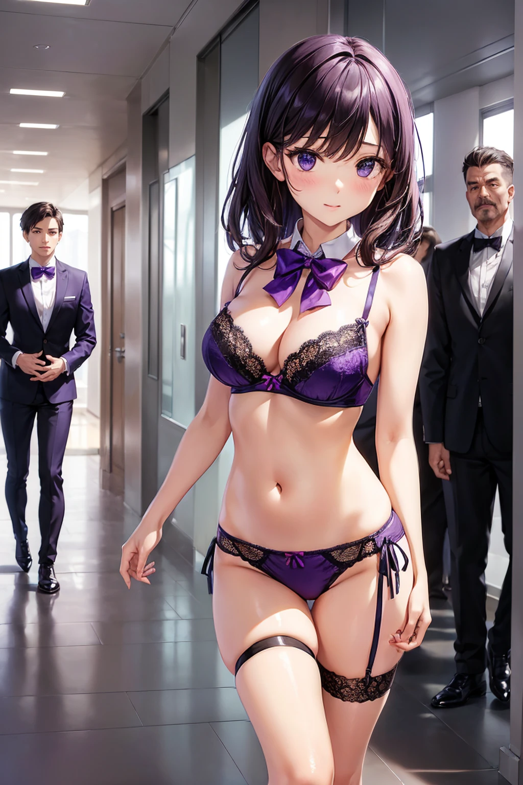 ((一人のWoman in underwearはセクシーに歩いている:1.5)), Beautiful Anime Women, Beautiful art style, Anime characters, ((Smooth texture, Realistic texture, Anime CG Style)), ((Highest quality)), (Very detailed), (Very detailed CG 統合 8k 壁紙), Very detailed, High-resolution RAW color photos, Professional photography, (Brown Hair, Stylish hairstyle:1.1), Great face and eyes, Beautiful and big breasts, Slender body, (Stunningly beautiful woman), (Detailed face:1.2), (Office corridor, There is a window in the hallway:1.4), (Many men in suits are walking in the background:1.5), ((Bow tie around neck:1.3), (Black high heels:1.1), (Sexy and cute purple underwear:1.3), (Stylish shiny purple satin panties, Side-tie panties, The panties are plain purple in the center with lace decoration on the sides.:1.3), (Thin panties:1.3), (Purple micro lace satin bra, Purple bra with lace trim, Thin bra:1.3), (lace garter belt, Garter Strings, Knee socks:1.3):1.3), (naked, Woman in underwear, 女性はブラとパンティとKnee socksとガーターベルトだけを着用:1.5), Exact number of arms, Exact number of legs, Perfect Anatomy, (Embarrassed expression, Surprised expression), Angle from the front, Exact finger count、Exact number of legs、(Exact number of arms:1.0, Exact number of hands:1.0), (Perfect hands, Perfect Anatomy)