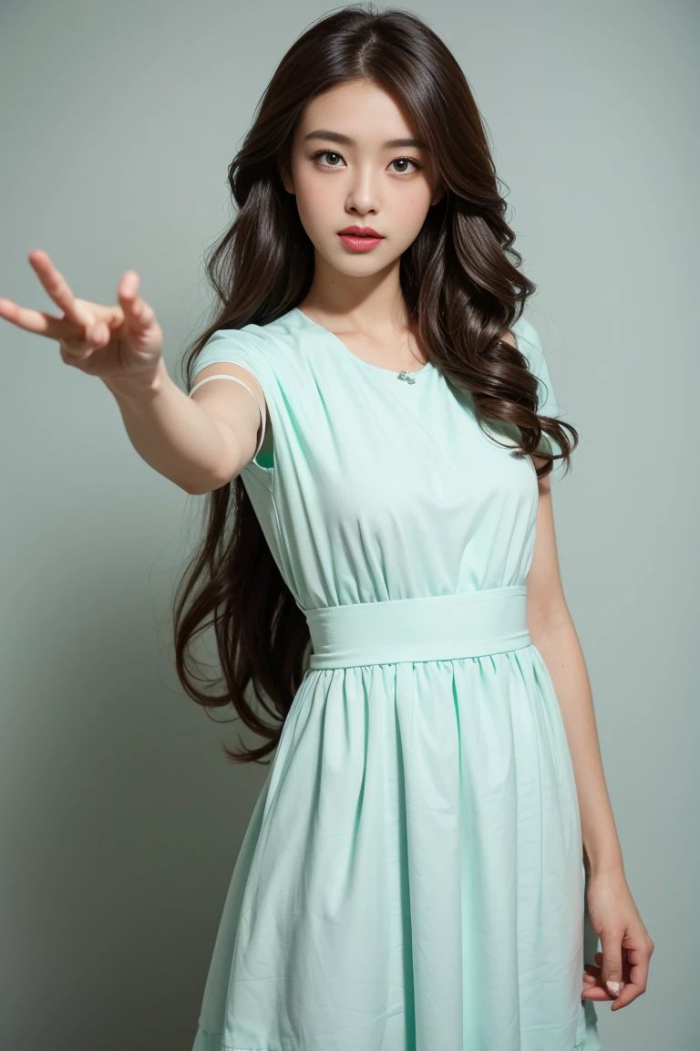 (nude)Wavy long hair, Brown Hair, One girl, Emerald Eyes, Shake with two fingers, Pink Lips, Pastel Green Dress,