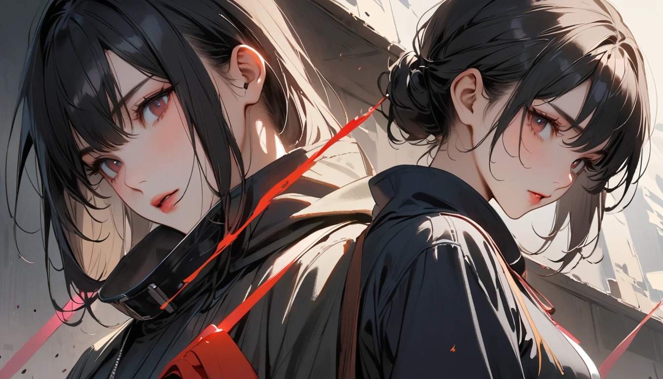 Ink Painting, (((1 person))), (((Tattoo on face))), (((Japanese String Instruments))), Japanese style headphones, Beautiful girl possessed by a demon, Black Hair, Red eyes, Sharp Fangs, Two horns, Delicate and precise, Modern ukiyo-e style
