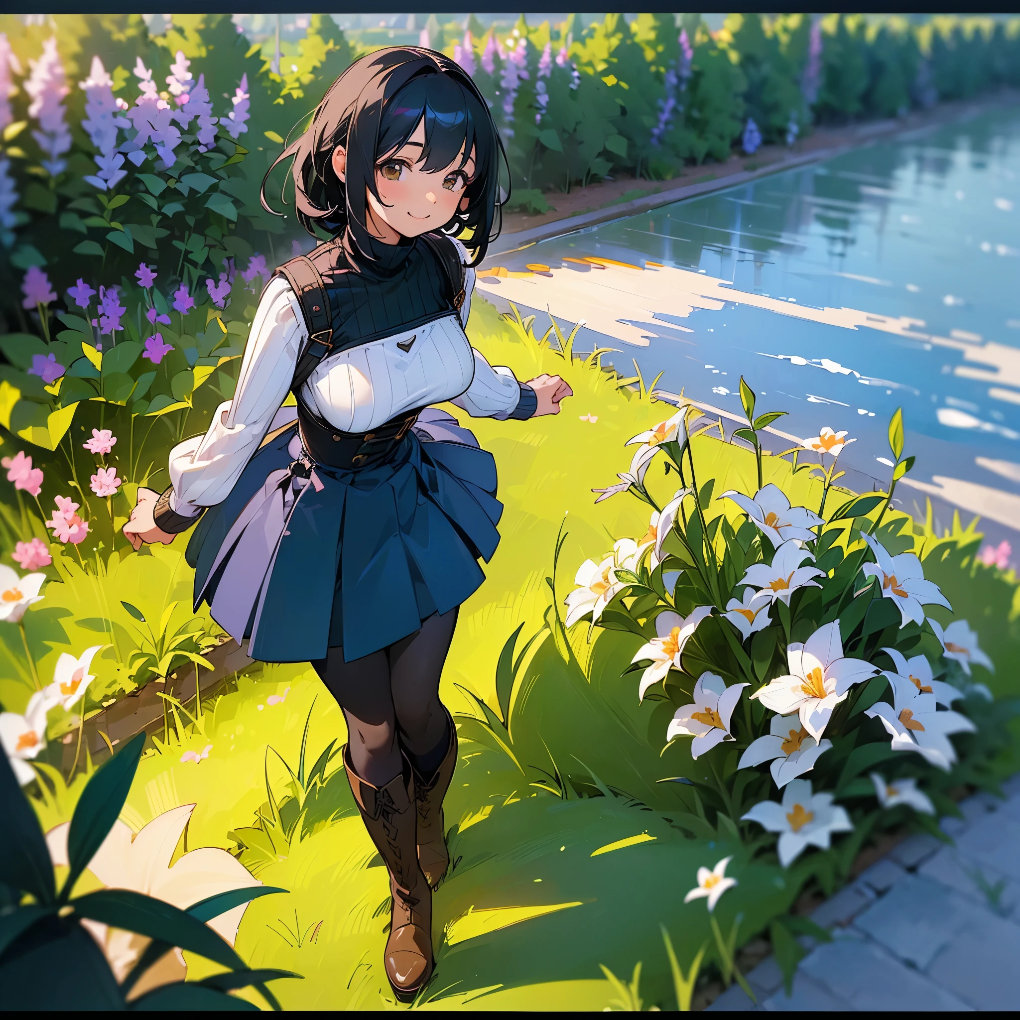 (high quality, High resolution, Very detailed, reality:1.37), Peaceful atmosphere, (Outdoor, garden), Teenage girl standing alone, (my breasts are big.), Beautiful details, Cute Smile, (Black bob hair), Ribbed sweater, Blue Skirt, Black tights, Brown boots.