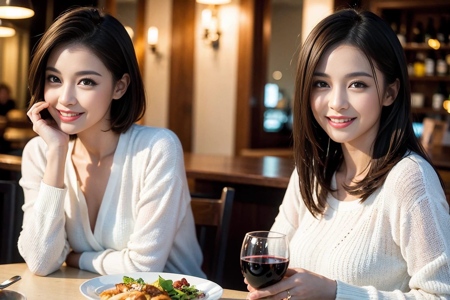 ((Highest quality、8K、masterpiece:1.3))、Shortcuts、cute、slimカップル、modelカップル、actress男優、(Realistic, Intricate details:1.2), full-course dinner、Wine Party、Amazing view of the sunset sky and clouds、A bright smile、short hair,Bright Face、45 years old), 42 years old, red wine 、Appetizers、Italian food、Wine bottle、Champagne、sparkling wine、Two beauties、Brown Hair、Shortcuts、Long sleeve shirt、dress、Beautiful woman 1, (slimな顔), (The body is slim), (Brown Hair), (Shortcuts), cheeks turn a little red,Attractive beauty、restaurant, In a prominent place (From the waist up) Nova Frog Style, actress, model, Upper Body, White wine, slim, wine glass, 中央に置かれたwine glass, smile, (smile: 1.15), Beautiful fine grain, Depth f/2,saturation, High Contrast, Strong light and shadow,Moist Body:1.5、3D texture、Delicate eyes、Brown Hair、The hair is very shiny、