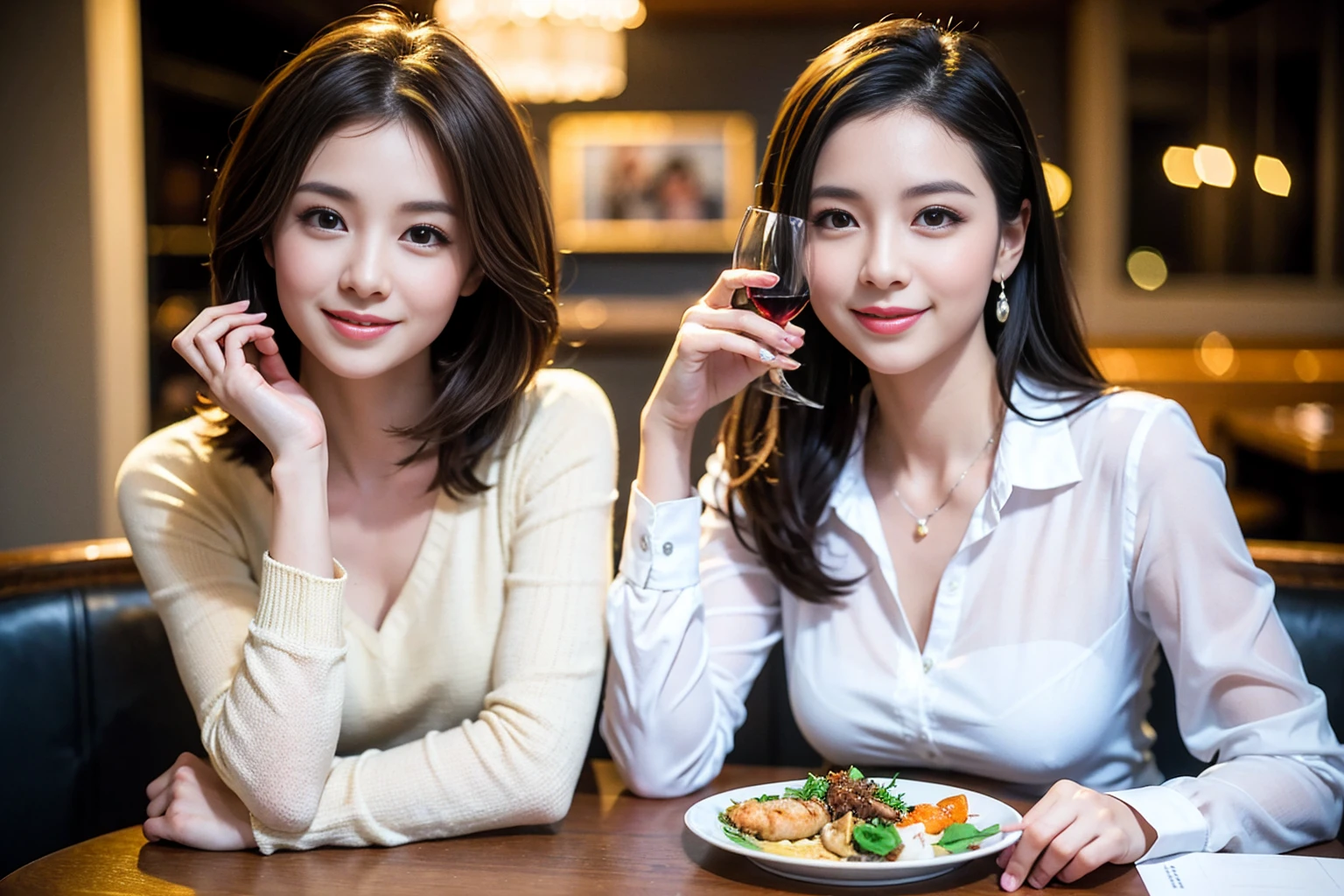 ((Highest quality、8K、masterpiece:1.3))、Shortcuts、cute、slimカップル、modelカップル、actress男優、(Realistic, Intricate details:1.2), full-course dinner、Wine Party、Amazing view of the sunset sky and clouds、A bright smile、short hair,Bright Face、45 years old), 42 years old, red wine 、Appetizers、Italian food、Wine bottle、Champagne、sparkling wine、Two beauties、Brown Hair、Shortcuts、Long sleeve shirt、dress、Beautiful woman 1, (slimな顔), (The body is slim), (Brown Hair), (Shortcuts), cheeks turn a little red,Attractive beauty、restaurant, In a prominent place (From the waist up) Nova Frog Style, actress, model, Upper Body, White wine, slim, wine glass, 中央に置かれたwine glass, smile, (smile: 1.15), Beautiful fine grain, Depth f/2,saturation, High Contrast, Strong light and shadow,Moist Body:1.5、3D texture、Delicate eyes、Brown Hair、The hair is very shiny、