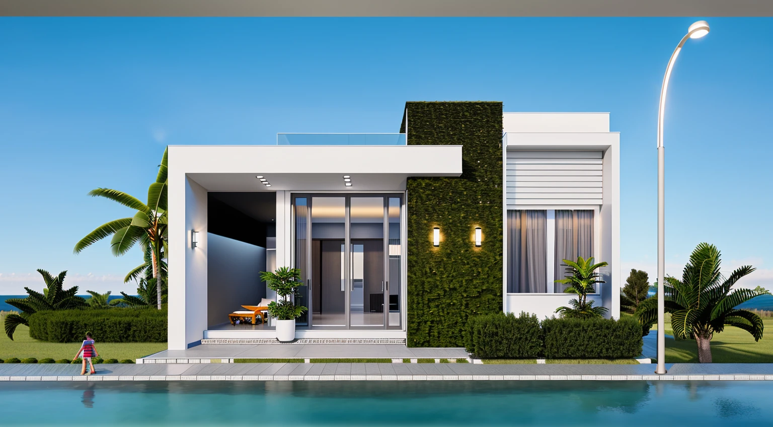 Raw photo,Masterpiece, high quality, best quality, authentic, super detail, outdoor, exterior , ((modern house :1.3)), modern style, daylight, (WHITE WALL),luxury, 8k
