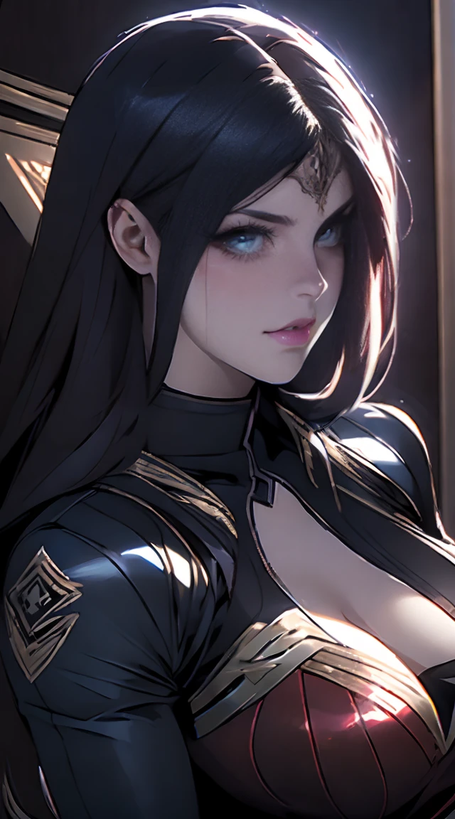(best qualityer,4K,8K,high resolution,work of art:1.2),ultra detali,(realisitic,photorealisitic,photo-realisitic:1.37),portraite, Carly  ,beautiful detailed eyes,beautiful detailed lips,extreme detailed face,long eyelashes, sensuous,soft lighting,subtle background,professional photograpy,vivid colors whole body ,  by a fan, blushed face () whole body (seducer) (ready for sex) (biting the lips) (Wonder Woman black outfit) (blue colored eyes) Alexandra Daddario (hypdertailed)