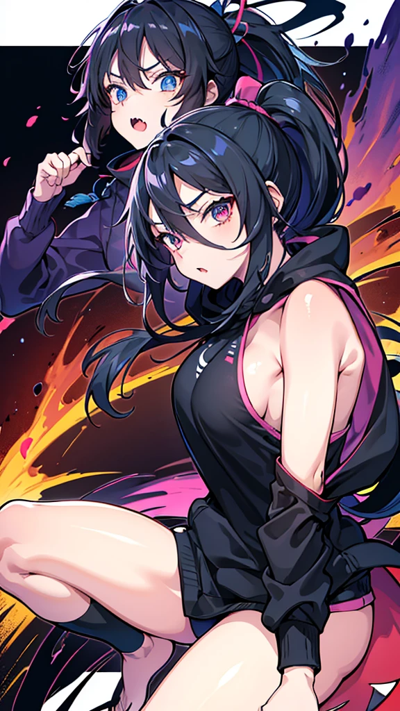 Scratch Art、girl、Oversized hoodie、Fighting Pose, long hair, ponytail, tsurime, eyeball, skin fang, UHD, best quality, highres, 8k