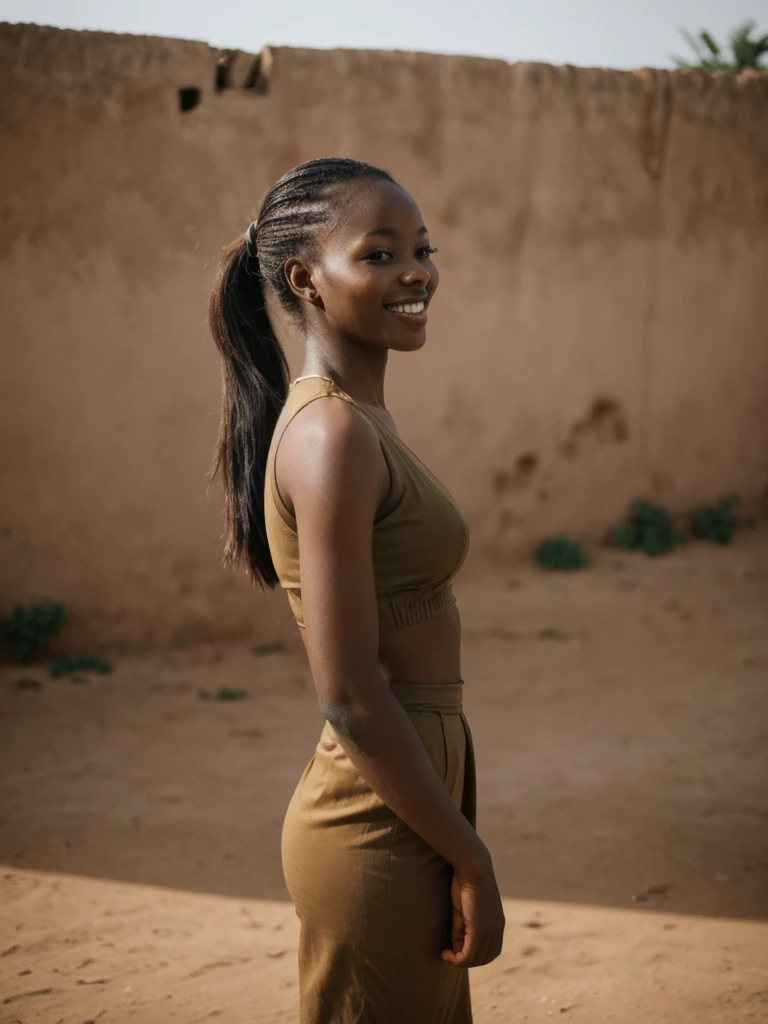 Clabu, 1girl, solo, realistic, photorealistic, high quality picture, 8k, high resolution, detailed quality, film grain, natural photo, ultrarealistic, (((25-years-old))), NIGER, (Background: Nigeria), (((sexy))), ((Ponytail hair)), Candid Smile, fully clothed, Casually touring Nigeria, medium shot