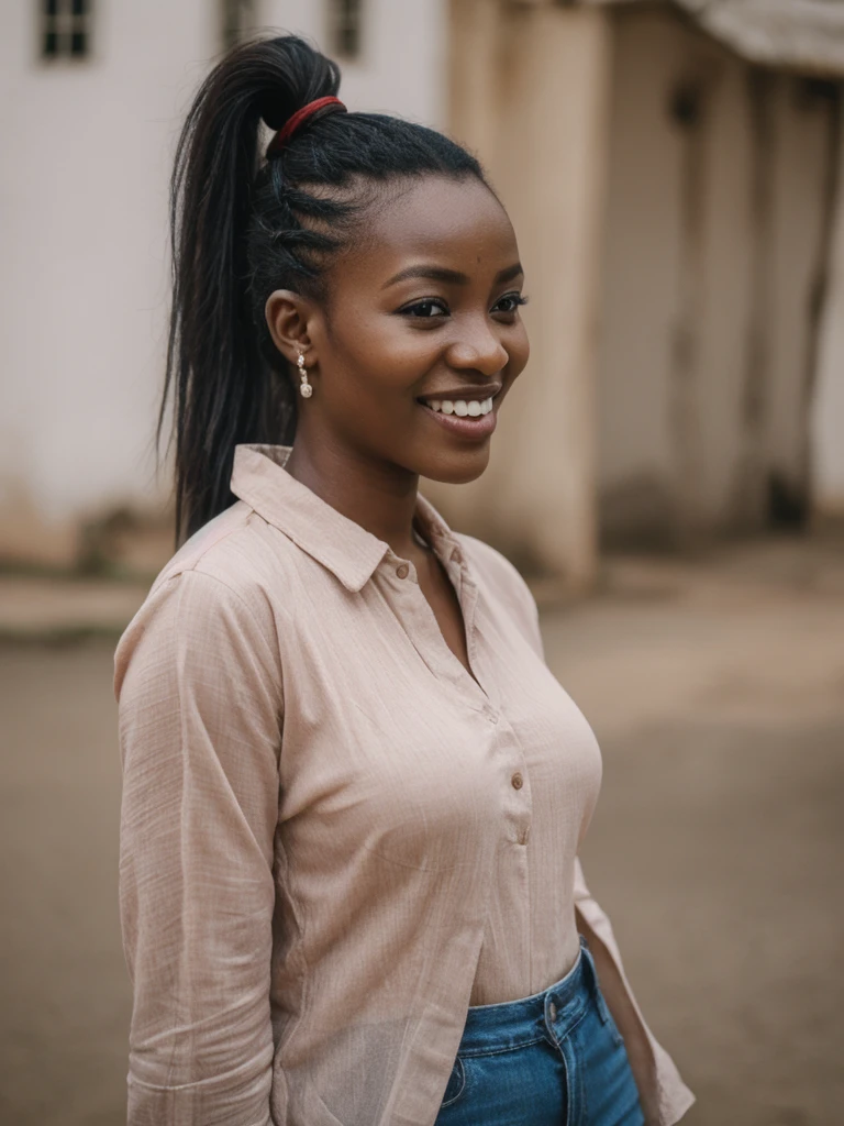 Clabu, 1girl, solo, realistic, photorealistic, high quality picture, 8k, high resolution, detailed quality, film grain, natural photo, ultrarealistic, (((25-years-old))), NIGER, (Background: Nigeria), (((sexy))), ((Ponytail hair)), Candid Smile, fully clothed, Casually touring Nigeria, medium shot