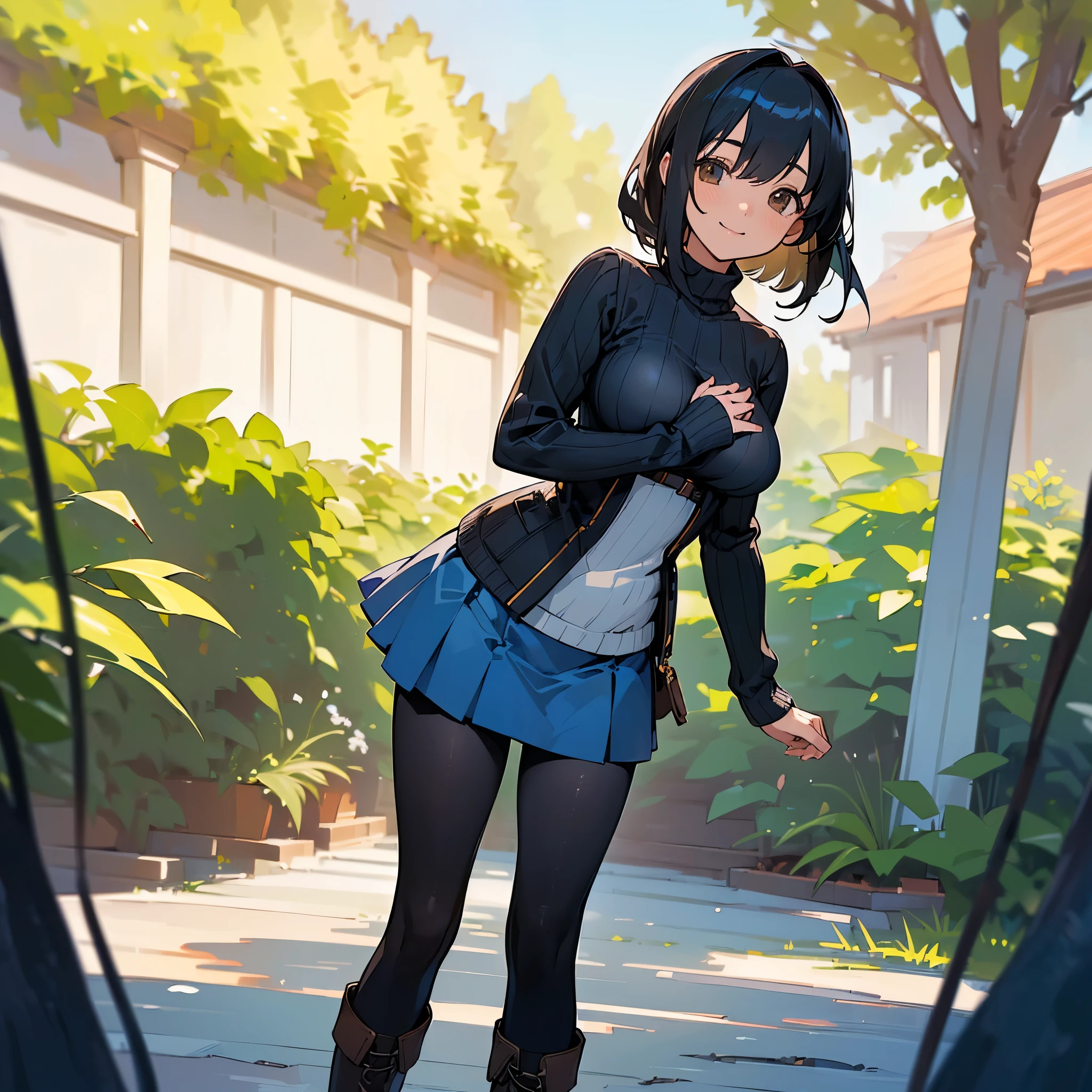 (high quality, High resolution, Very detailed, reality:1.37), Peaceful atmosphere, (Outdoor, garden), age girl standing alone, (my breasts are big.), Beautiful details, Cute Smile, (Black bob hair), Ribbed sweater, Blue Skirt, Black tights, Brown boots.
