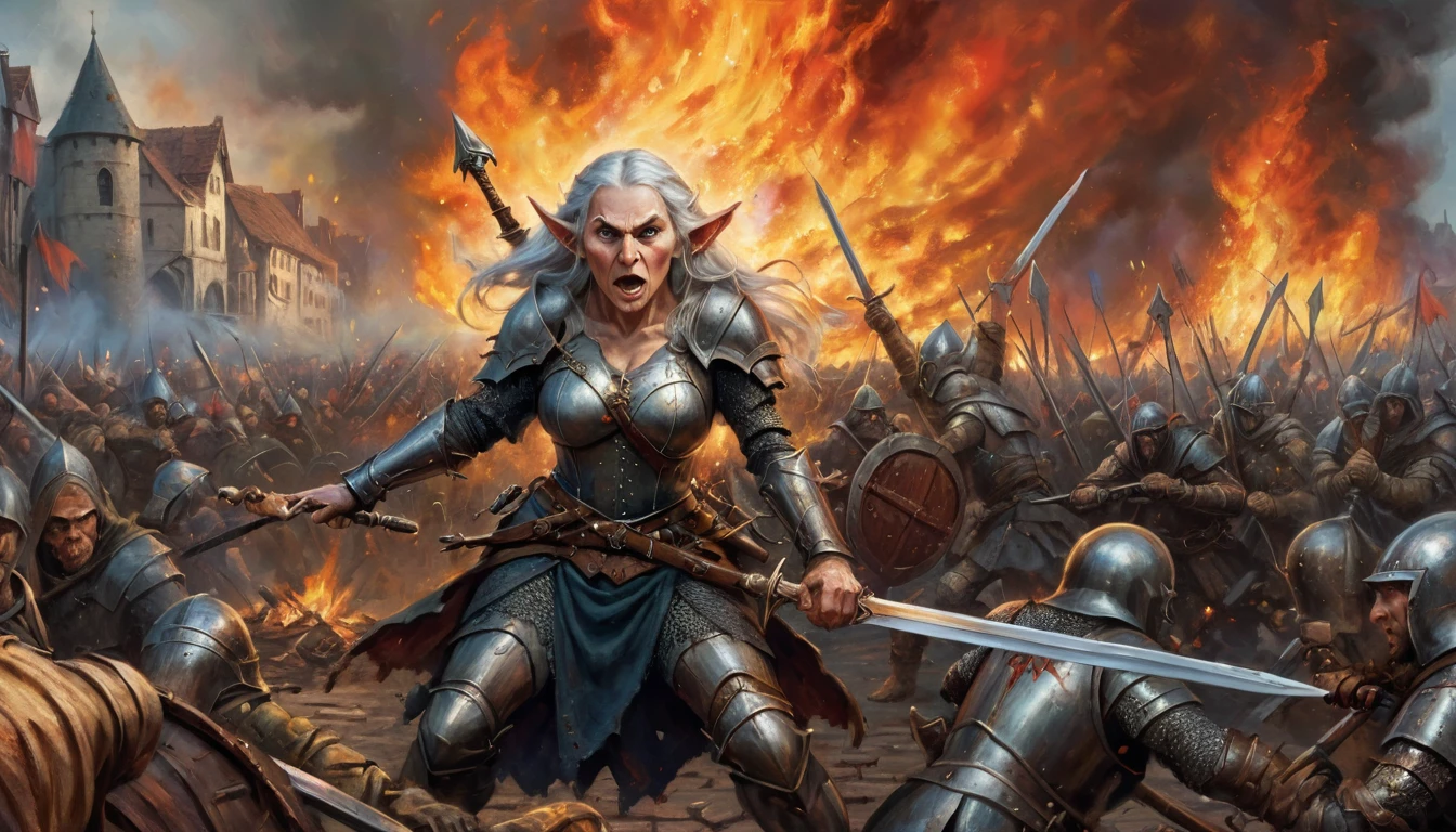 Highly detailed, UHD, 32k, medieval fantasy, heavy metal magazine cover, oil on canvas. Multiple subjects. Medieval cinematic War scene. An elderly elf lady fighting a human army, she is trading sword blows with a burly human with a silver sword. The scenery is a human town in flames. 