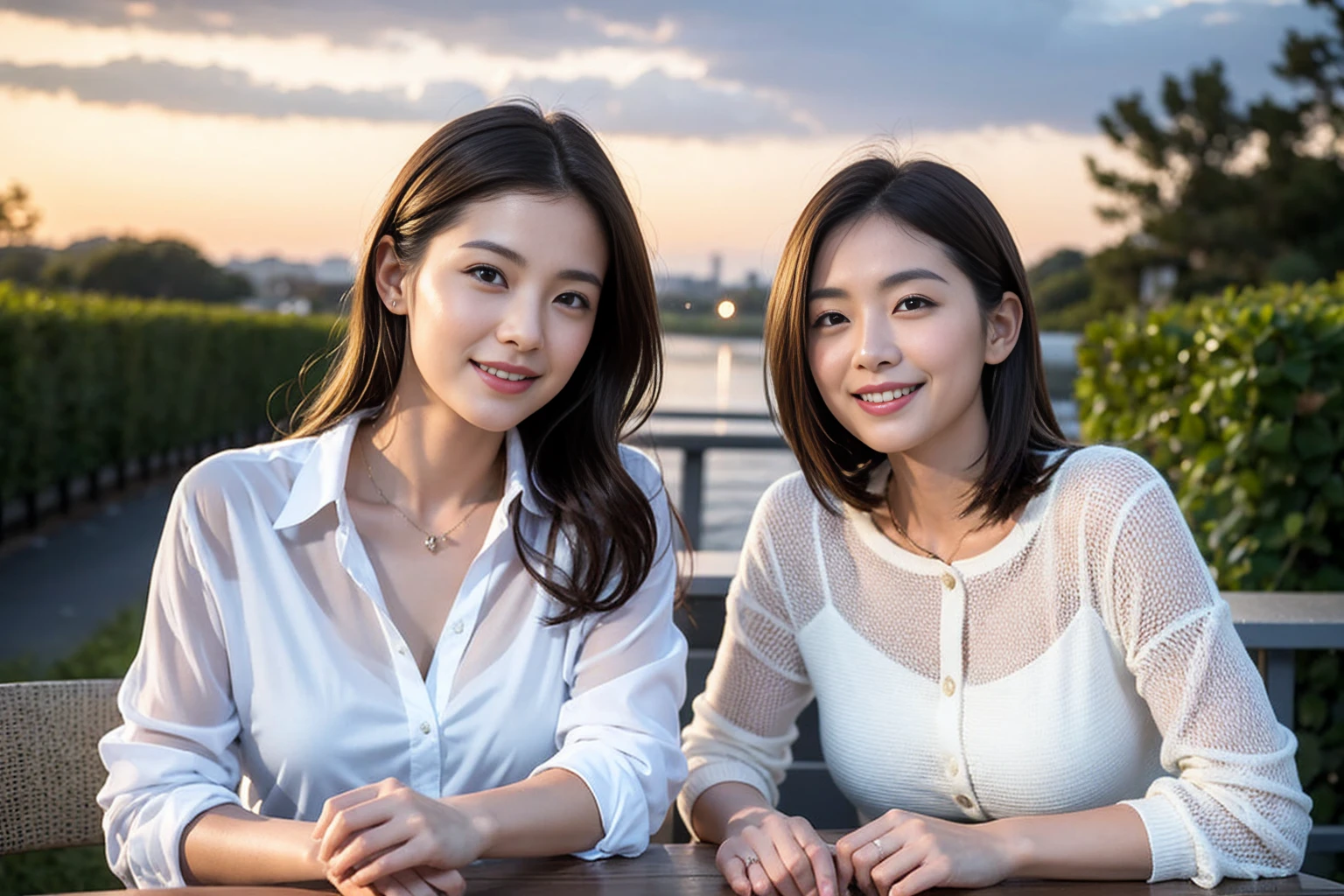 ((Highest quality、、masterpiece:1.3))、1 male、1 female,44 years old 39 years old、Please shine a light on my face、Slim Beauty、Beautiful couple、Upper Body、smile、 (Slim face), (the body is スリム), (Brown Hair), (Shortcuts), テーブルのフルコースディナーとwine glass、Amazing view of the sunset sky and clouds、smileの美しさ、Wine bottle、sparkling wine、Long sleeve shirt、dress、White wine, red wine, wine glass, Beautiful fine grain, Depth f/2,saturation, High Contrast, Strong light and shadow,Moist Body:1.5、 texture、The hair is very shiny、