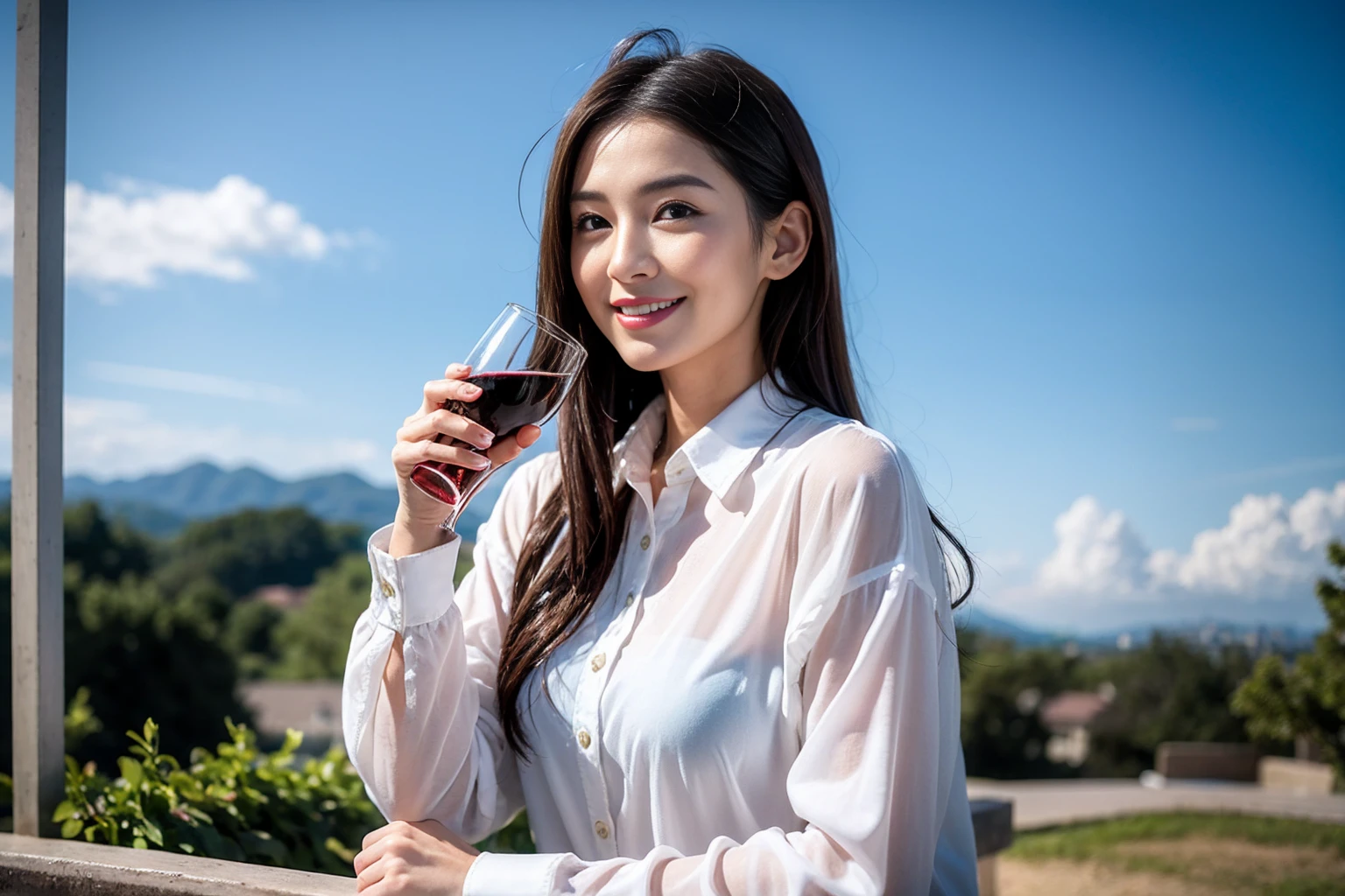 ((Highest quality、、masterpiece:1.3))、1 male、1 female,44 years old 39 years old、Please shine a light on my face、Slim Beauty、Beautiful couple、Upper Body、smile、 (Slim face), (the body is スリム), (Brown Hair), (Shortcuts), テーブルのフルコースディナーとwine glass、Amazing view of the sunset sky and clouds、smileの美しさ、Wine bottle、sparkling wine、Long sleeve shirt、dress、White wine, red wine, wine glass, Beautiful fine grain, Depth f/2,saturation, High Contrast, Strong light and shadow,Moist Body:1.5、 texture、The hair is very shiny、