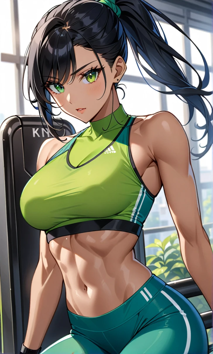 Woman, Athletic and toned body, light skin tone, long black hair tied in a ponytail, green eyes with a penetrating and seductive look, breasts big, exciting look, a green crop top with blue leggings