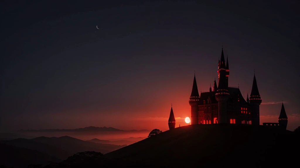 at the horizon there is a silhouette of a castle on the hill, tall towers, it is night time, moon is red, dark theme, best quality, ultra realistic