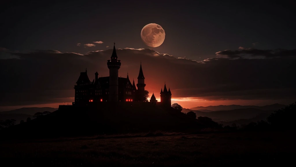at the horizon there is a silhouette of a castle on the hill, tall towers, it is night time, moon is red, dark theme, best quality, ultra realistic