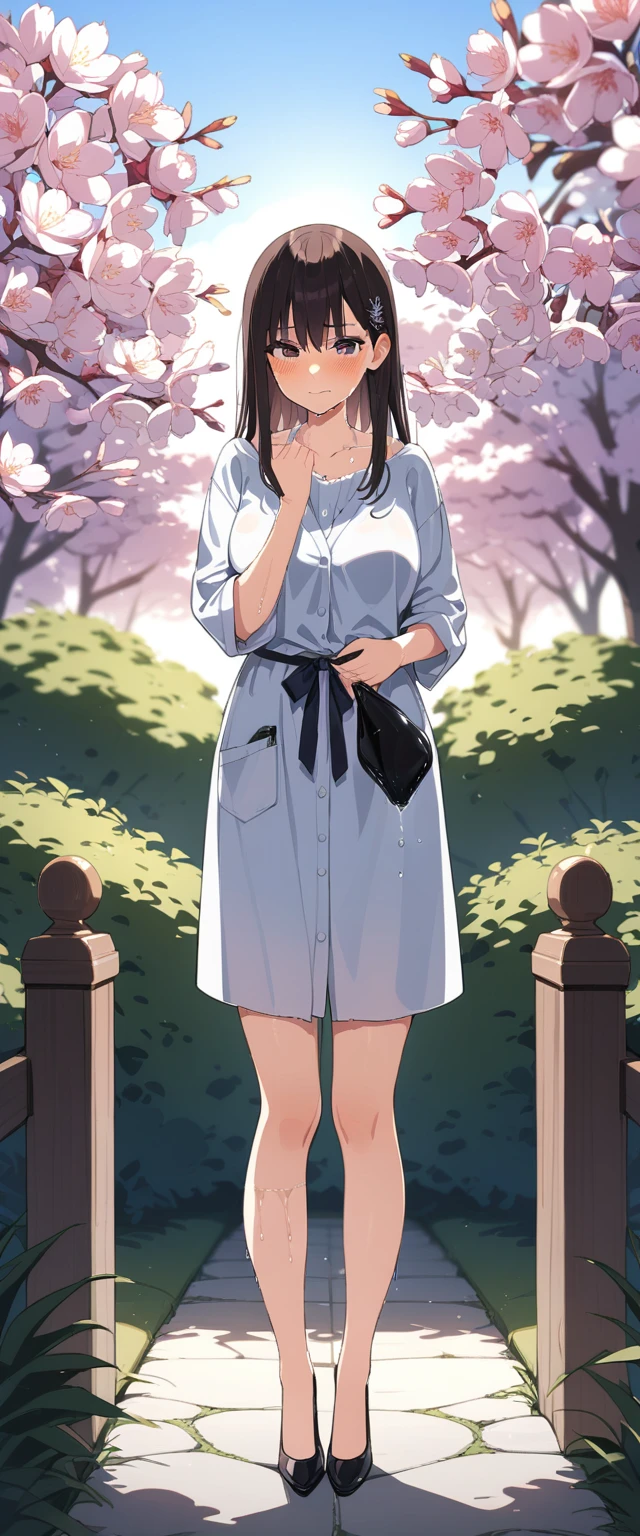 (masterpiece:1.37), best quality, (extremely detailed:1.37), (1girl:1.5), woman, (mature:1.5), (adult:1.5), Sakaki Yumiko, Grisaia \(series)\, large breasts (extremely detailed eyes:1.37), (wetting self:2.0), desperation, standing, embarrassed, humiliation, blushing, angry, cherry blossoms, garden, (golden hour:1.5), full body