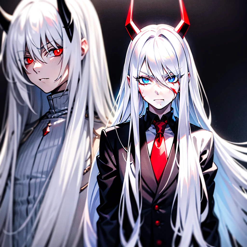 Long white hair white skin dull blue eyes an arrogant expression wearing a black suit with a blood red horn and mixing male and female physiognomies