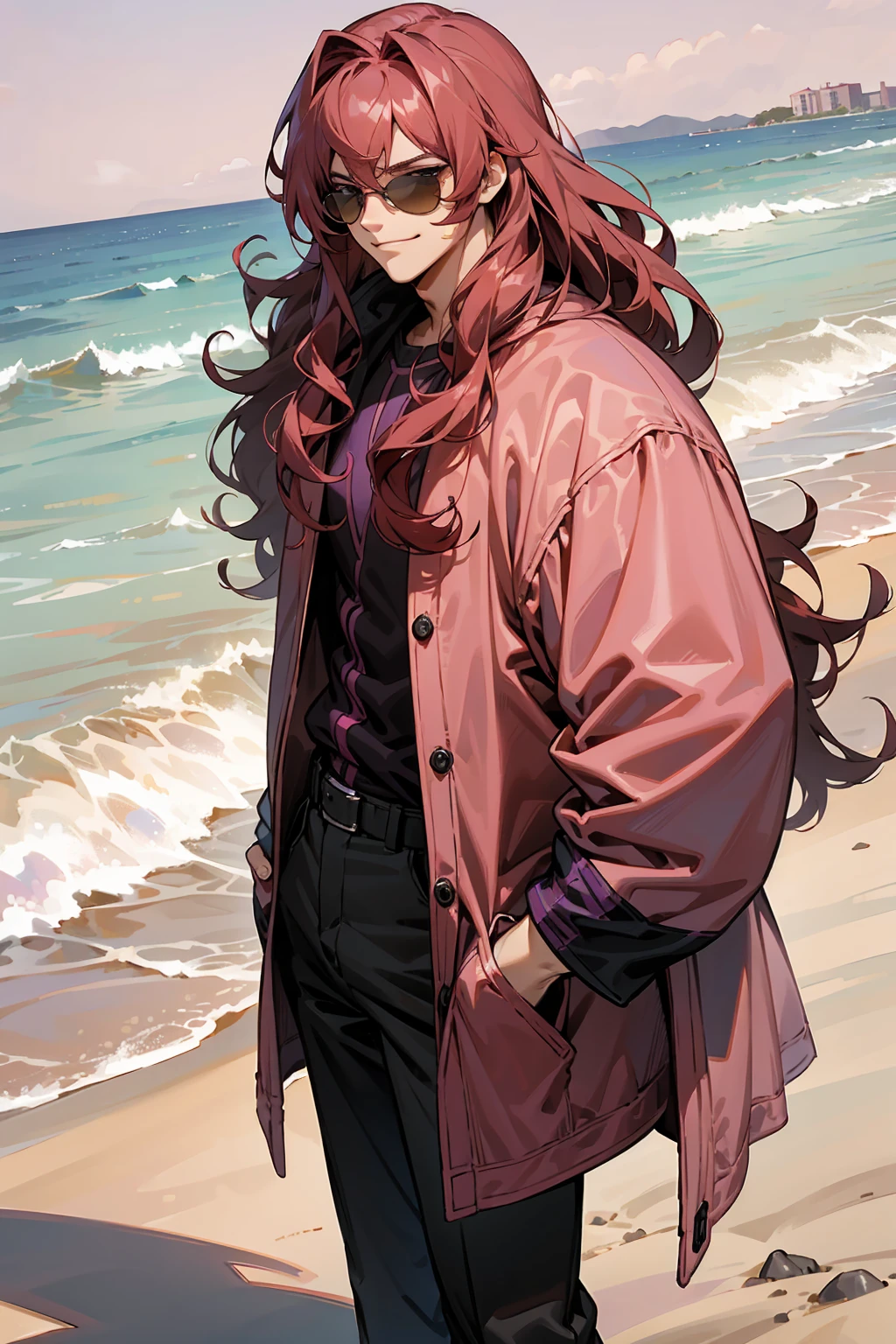 1male, Young Adult, Dark Red Hair, Light Pink Hair, , Muscular, Curly Hair, Two Toned Hair, Sunglasses, Magenta Colored Eyes, Smirk, Standing On Beach, Purple Coat, Long Hair