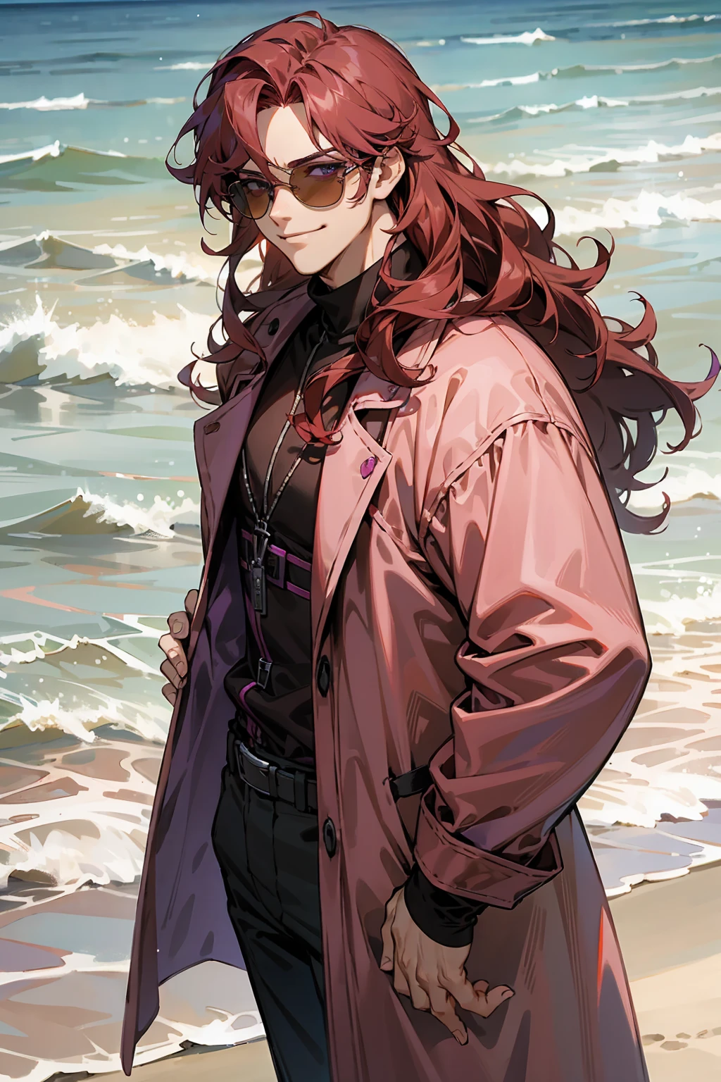 1male, Young Adult, Dark Red Hair, Light Pink Hair, , Muscular, Curly Hair, Two Toned Hair, Sunglasses, Magenta Colored Eyes, Smirk, Standing On Beach, Purple Coat, Long Hair