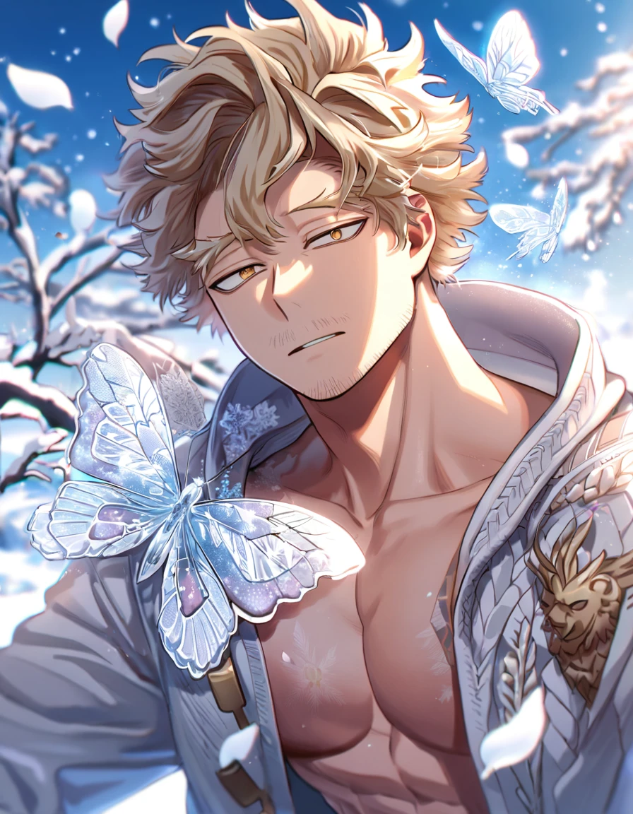 Ultra detailed, Highres, absurdres, HDR, Hawks, ash blonde hair, expressive brown-golden eyes, white coat with patterns with a hoodie, faint stubble, Boku No Hero Academia, white flowers, winter, ice, snowflakes, petals, handsome, sexy man, solo, very detailed eyes and face, ice butterflies, master piece, toned chest, glittering
