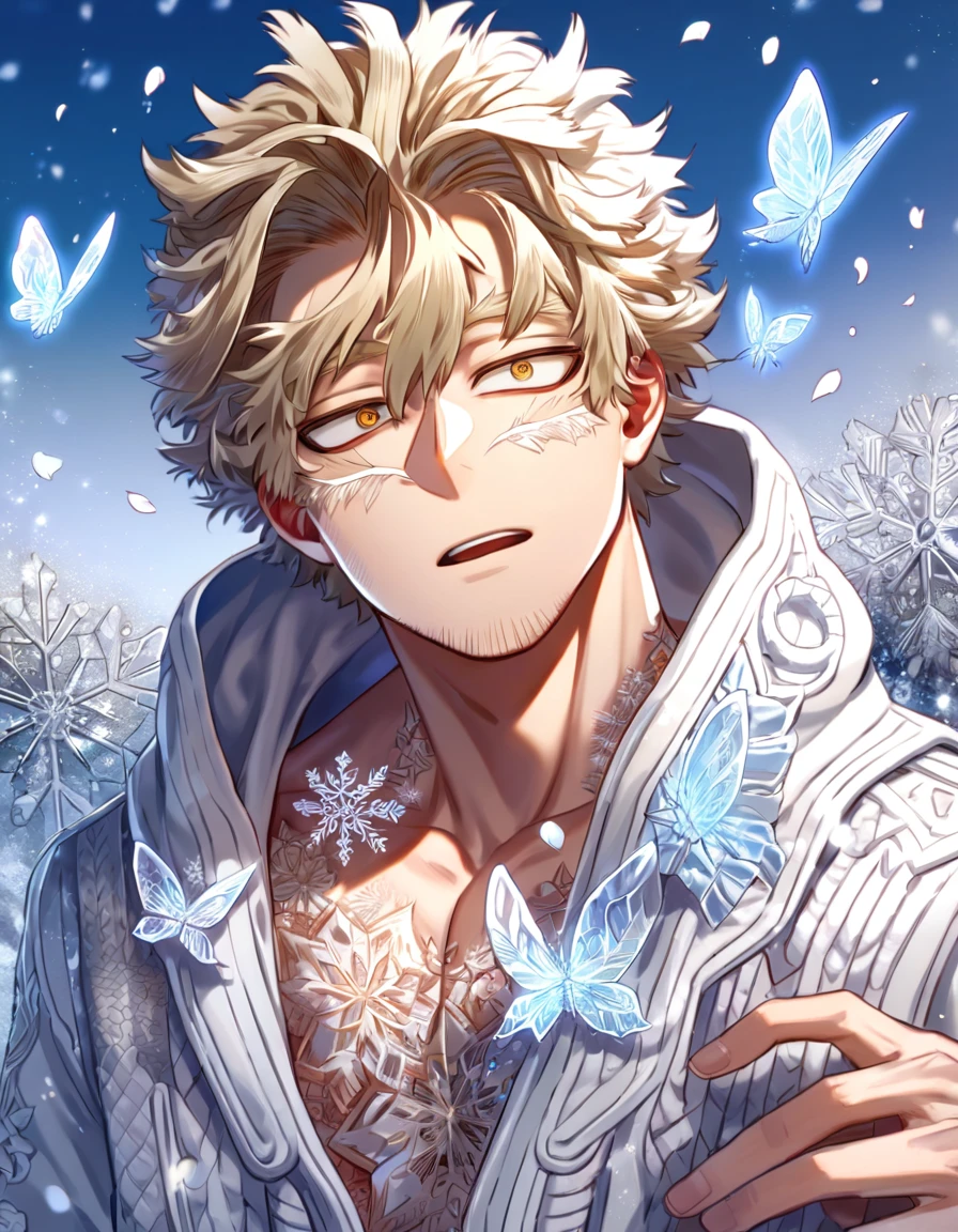 Ultra detailed, Highres, absurdres, HDR, Hawks, ash blonde hair, expressive brown-golden eyes, white coat with patterns with a hoodie, faint stubble, Boku No Hero Academia, white flowers, winter, ice, snowflakes, petals, handsome, sexy man, solo, very detailed eyes and face, ice butterflies, master piece, toned chest, glittering