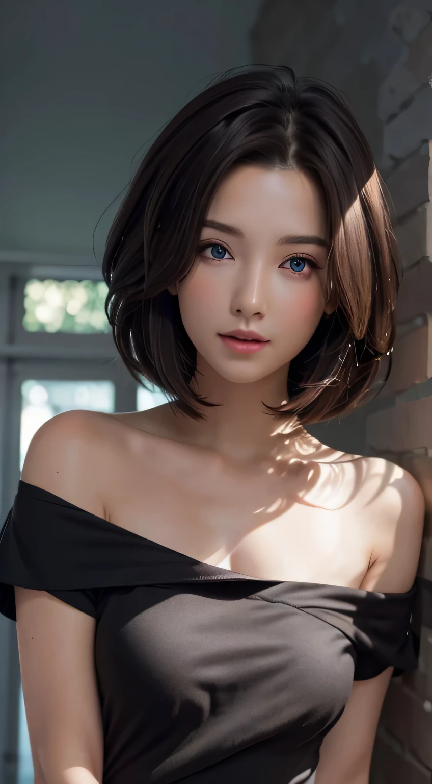 Skin Tight Black Top:1.2, Looking at Viewer, Cinematic lighting, Perfect, softlight, High resolution skin:1.2, Realistic skin texture, 30 years old mature woman、a small face、no-makeup、, off shoulders,Bust B Cup、 Exposed cleavage, Blue eyes, Short hair, dark brown  hair、fullnude、Gray background、