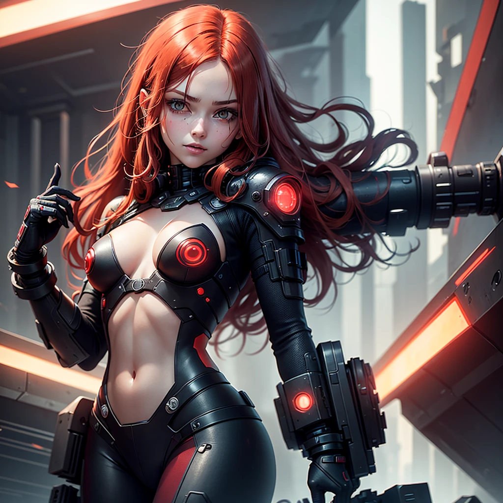 "Fantastic cyberpunk post-apocalyptic style. A lonely beautiful cyborg girl with long red hair looks at the camera with a slightly playful, with a slightly flirtatious look and a slight smile. The camera films her from below and slightly to the right. She is wearing a black android suit with cleavage, decorated with small red details. The girl is the main object in the image. Red flashes and lights are visible on a dark background, creating an atmosphere of slight sadness. The main colors of the image are black and red."