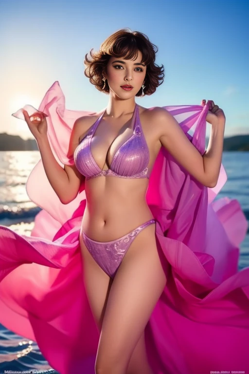 Princess, Girls with short hair, Very awkward to say hello,pink and purple lingerie，pink and purple panties，Transparent underwear，fashion trends, Huge breasts， Long pink purple cloak, A realistic and detailed belly dancer gracefully performing on the shimmering surface of the tranquil sea, surrounded by gentle waves, leaving ripples in her wake