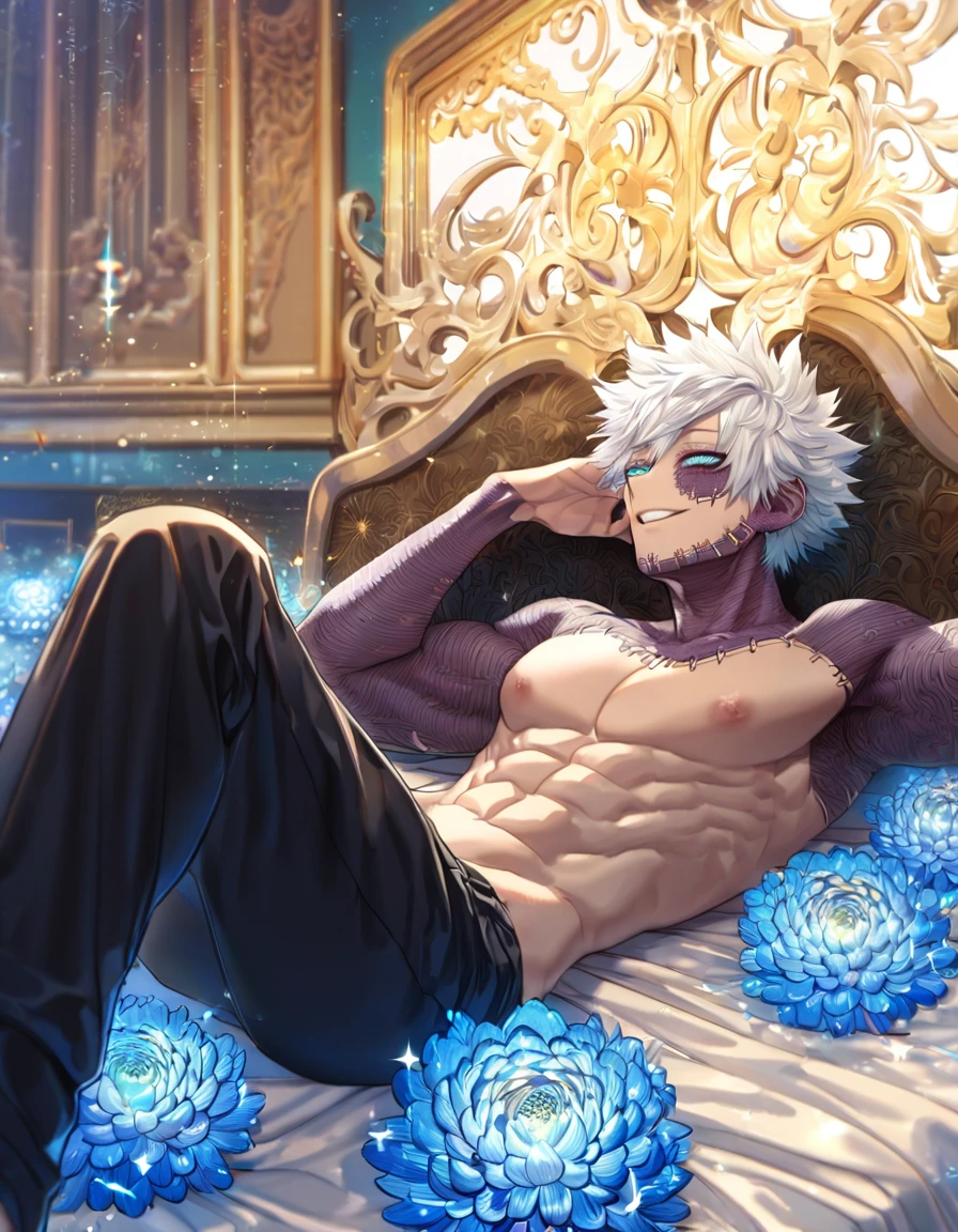 absurdres, highres, ultra detailed, HDR, master piece, best quality, extremely detailed, Dabi, white hair, expressive turquoise eyes, Boku No Hero Academia, solo, sexy man lying on a bed, handsome, smile, bare chest, toned chest, black pants, fantasy, bed, sparkling, blue glittering fireflies, blue blossoms, blue chrysanthemums, blue sparkling lights, room