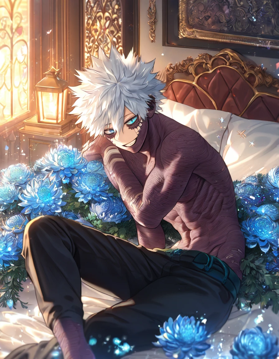 absurdres, highres, ultra detailed, HDR, master piece, best quality, extremely detailed, Dabi, white hair, expressive turquoise eyes, Boku No Hero Academia, solo, sexy man lying on a bed, handsome, smile, bare chest, toned chest, black pants, fantasy, bed, sparkling, blue glittering fireflies, blue blossoms, blue chrysanthemums, blue sparkling lights, room