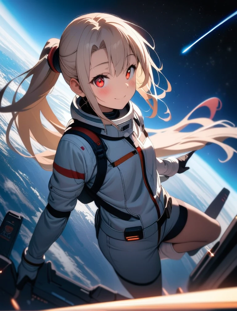 high-key and low-variance brightness scale,soft light,realistic light and shadow, light and dark interlaced,(wide shot:1.3),female focus,looking at viewer,dramatic angle,(solo:1.6)
(masterpiece),(best quality),(highres),(by famous artist),(((official art))),(by Paul Hedley),(illustration),(science fiction),(Sci-fi style),(Mechanical style)
1girl,(female astronaut),(illyasviel von einzbern:1.4),(loli:1.3)
(small_breasts),(whole body),(slim legs),(mecha musume),lustrous skin,shiny skin,(detailed beautiful thighs),(articulated fingers)
(space suit:1.5),(space helmet:1.4),(combat boots),(belt),(sharp:1.21),Chinese national flag
outdoor,in the universe,starry sky,clusters of stars,colorful startrails,shooting star,the Earth,full moon
((seductive smile)),blush,((walking))
(red eyes:1.4),(finely detailed eyes),detailed beautiful eyes
(cream long hair),(ponytail:1.4),(reflective hair)