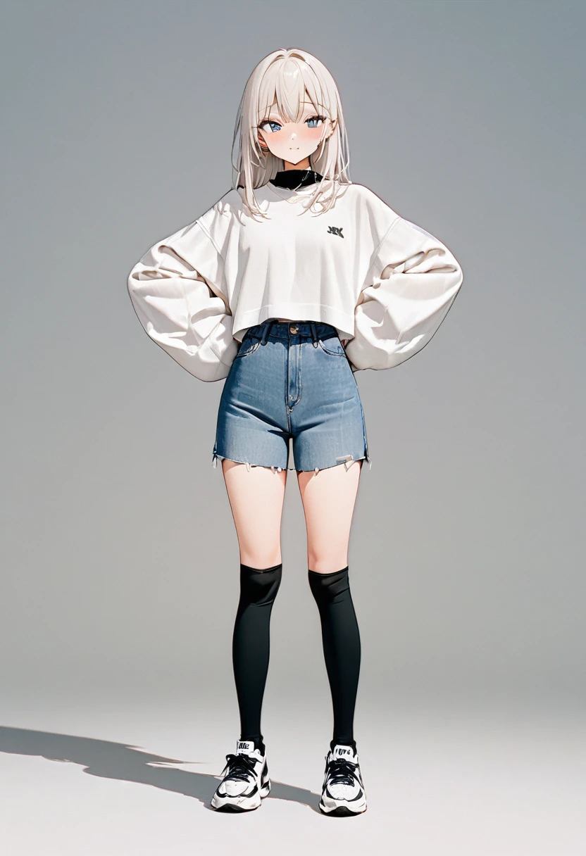 (Masterpiece, highest quality: 1.2, 8K), centered, full body, 1 girl, minimal & simple fashion, simple sneakers, simple background, pure white background, beautiful eyes, open eyes, 20 years old