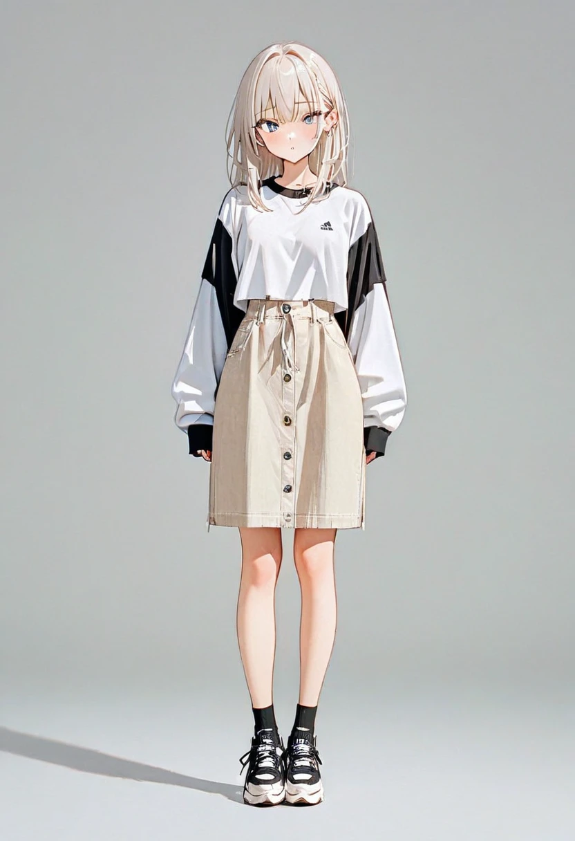 (Masterpiece, highest quality: 1.2, 8K), centered, full body, 1 girl, minimal & simple fashion, simple sneakers, simple background, pure white background, beautiful eyes, open eyes, 20 years old