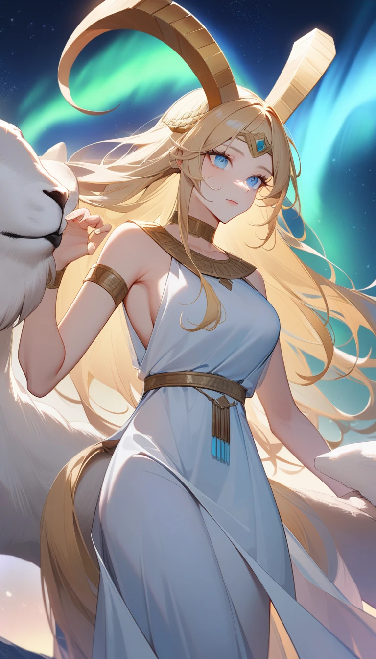 (Huang Li、high quality、Extremely detailed),Constellation - Goddess Capricorn,Giant goat,The goddess caresses the goat,Similar to Latin goodness,brave,capricious,Productivity,The face of enterprising and humanitarianism,Blonde hair,Ancient Greek costumes、Wrap Dress,The background is the aurora,Light crystal blue eyes(Eyes Details),Powerful appearance