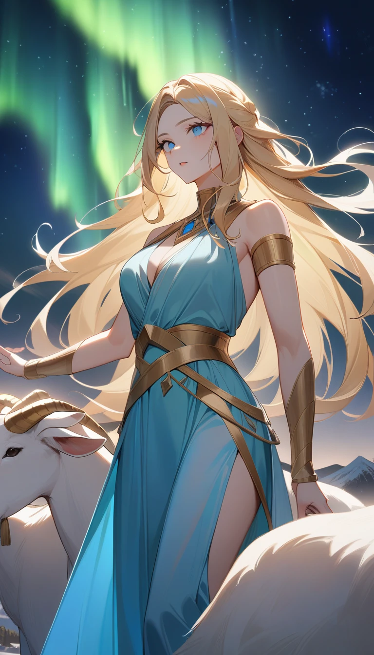 （Huang Li、high quality、Extremely detailed），Constellation - Goddess Capricorn，Giant goat，The goddess caresses the goat，Similar to Latin goodness，brave，capricious，Productivity，The face of enterprising and humanitarianism，Blonde hair，Ancient Greek costumes、Wrap Dress，The background is the aurora，Light crystal blue eyes（Eyes Details），Powerful appearance