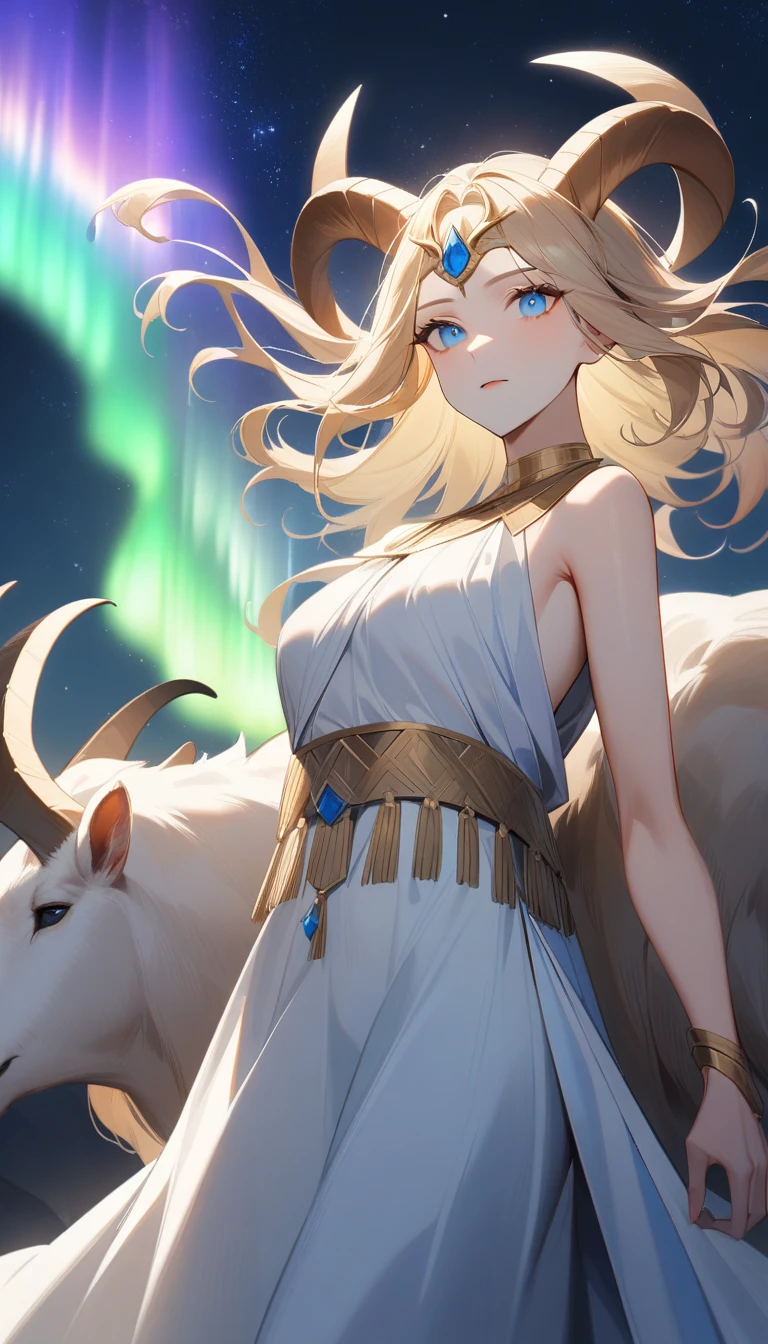 (Huang Li、high quality、Extremely detailed),Constellation - Goddess Capricorn,Giant goat,The goddess caresses the goat,Similar to Latin goodness,brave,capricious,Productivity,The face of enterprising and humanitarianism,Blonde hair,Ancient Greek costumes、Wrap Dress,The background is the aurora,Light crystal blue eyes(Eyes Details),Powerful appearance