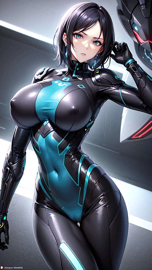 Milf, woman in a futuristic suit, highly detailed face, cool, mom, tomboy, very large breast, (Milf), mature face, (mature female), cybersuit, anime girl wearing tight suit, milfication, Elegant body, navel focus, naked body, gloves, earrings, science fiction, female protagonist, standing, volumetric light, detailed lighting, detailed textures, oppai cyberpunk, biomechanical oppai, masterpiece, best quality eyes, sci-fi background, futuristic landscape, low angle