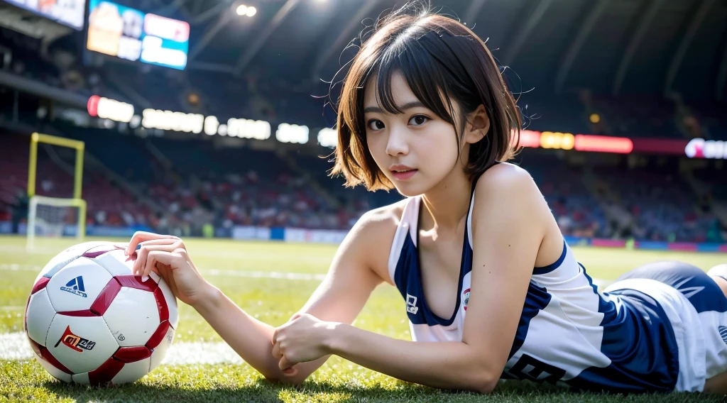 (8K, RAW Photos, Highest quality, masterpiece: 1.2), masterpiece, Super Detail, Ultra-high resolution energy A, (Realistic and photorealistic photography: 1.37), High-resolution RAW color photos, Very delicate and beautiful., About Igree, 8K Wallpaper, Amazing, detailed, 非常にdetailedな目, 非常にdetailedな皮膚, 非常にdetailedな指, 非常にdetailedな鼻, 非常にdetailedな口, Perfect Anatomy,One girl, (Soccer uniforms), Blurred, Blurred Background, Blurred foreground, blush, Braiding, Pectoral muscle, Depth of written boundary, Eyebrows visible through hair, Frilled, Hair between the eyes, Football Stadium、 soccer ball、Navel-baring look、The cleavage appears larger、goal、short hair, alone, huge 、Nogizaka Idol、Japanese Idol、Gravure idol pose、 star、18-year-old、expensive、Korean Idol、Nogizaka Idol、 star、Gravure idol pose、((Esbian all over)),