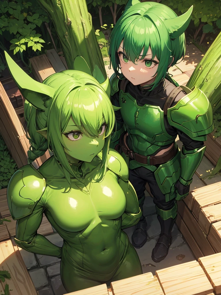 A chimera ant-like human wrapped in green armor,Skin color is green,Broccoli growing from head,