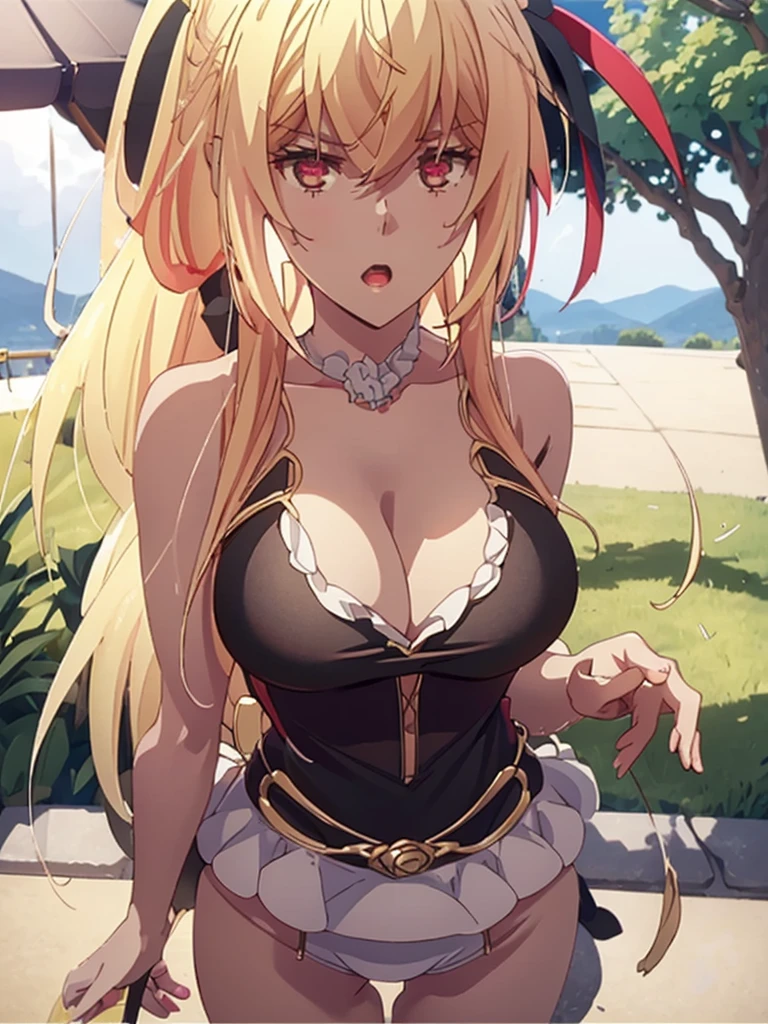 Masterpiece, best quality, highly detailed, highres, 8K, natural lighting, 1 girl, blonde hair, ahoge, ruby eyes, huge breast, black tank top, mini short pants, she wet, sexy pose, outdoor, (Full body shot:1.1) , detailed eyes, perfect eyes colors, detailed eyes, detailed finger shape, the number of fingers is not excessive