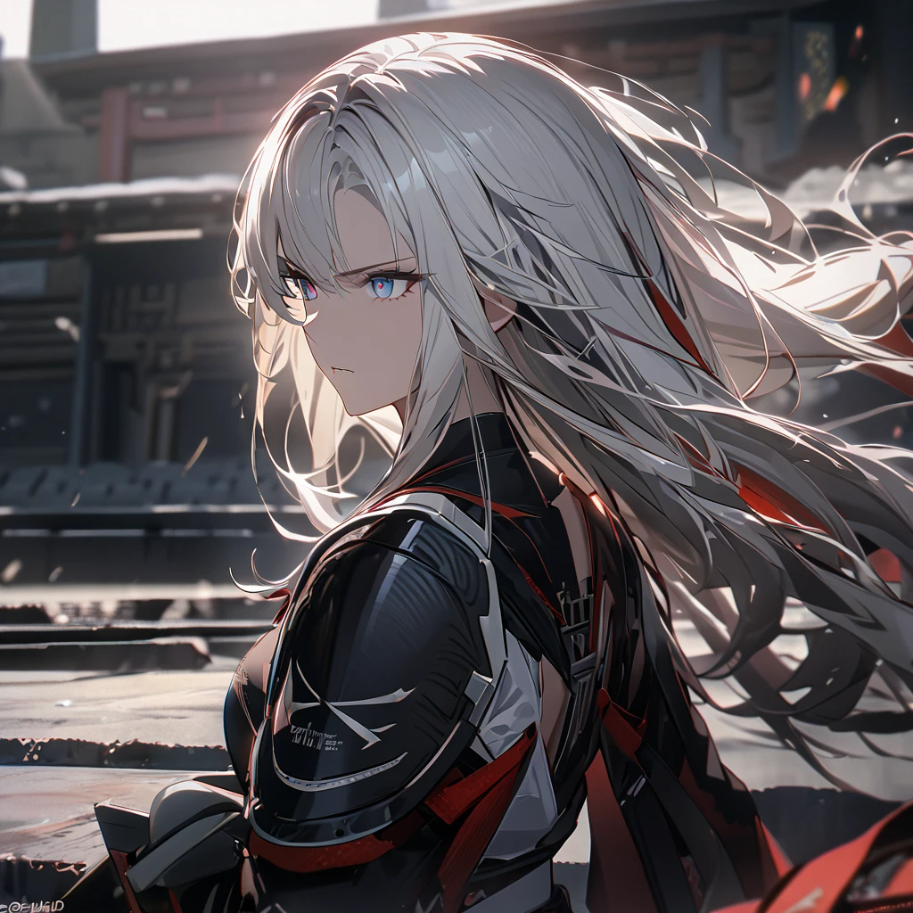 A woman wearing a black samurai kimono with white details, samurai shoulder pads, holding a red odachi, odachi without sheath, standing, white hair, long hair, red and blue eyes, multicolored eyes, serious face, on a concrete platform, scene in Japanese aesthetics,,UHD , prime work , accurate , anatomically correct , textured skin , super details , high quality , best quality, 8k, high resolution, bokeh effect. (woman alone), close view.
