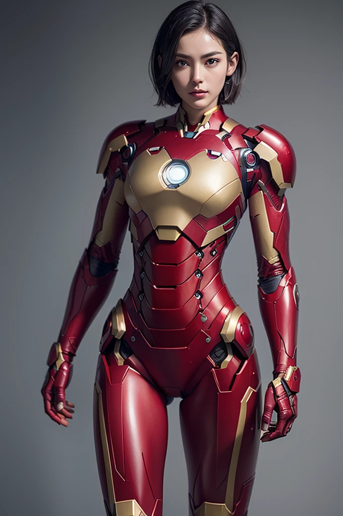 full body, (Best Quality, 8k, Masterpiece:1.3), iron man powered suit, Crisp Focus: 1.2, powered suit, skinny thighs, flat breasts (slender waist:1.2), (Slender Abs:1.2), Wet Body:1.5, Highly Detailed Face and Skin Texture, Detailed Eyes, Double Eyelids,short Hair,