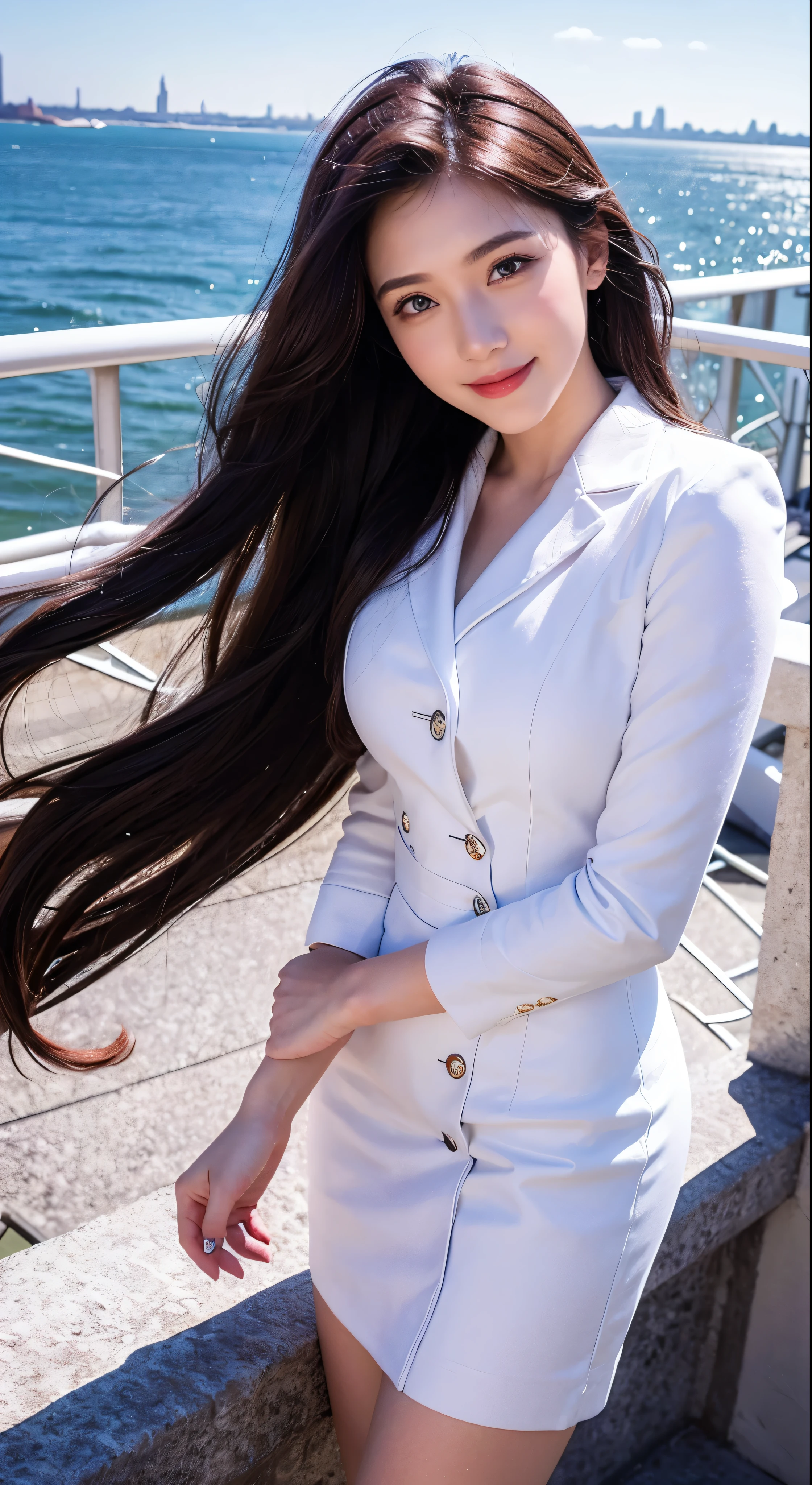 with high definition images，View of the Statue of Liberty in New York from the rooftop，Beautiful woman smiling and looking at camera，Beautiful woman in a white coat and red dress（Full body high quality images）A sunny, cloudless day，Facial details