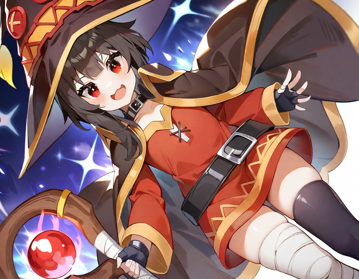 1girl, megumin, solo, hat, gloves, fingerless gloves, thighhighs, red eyes, witch hat, dress, open mouth, staff, belt, holding, red dress, cape, black thighhighs, black gloves, short hair, holding staff, looking at viewer, bandages, black hair, smile, single thighhigh, dutch angle, black belt, short dress, long sleeves, bangs, black cape, blush, black headwear, :d, sparkle, bandaged leg, magic, buckle, collar, brown hair, masterpiece,best quality