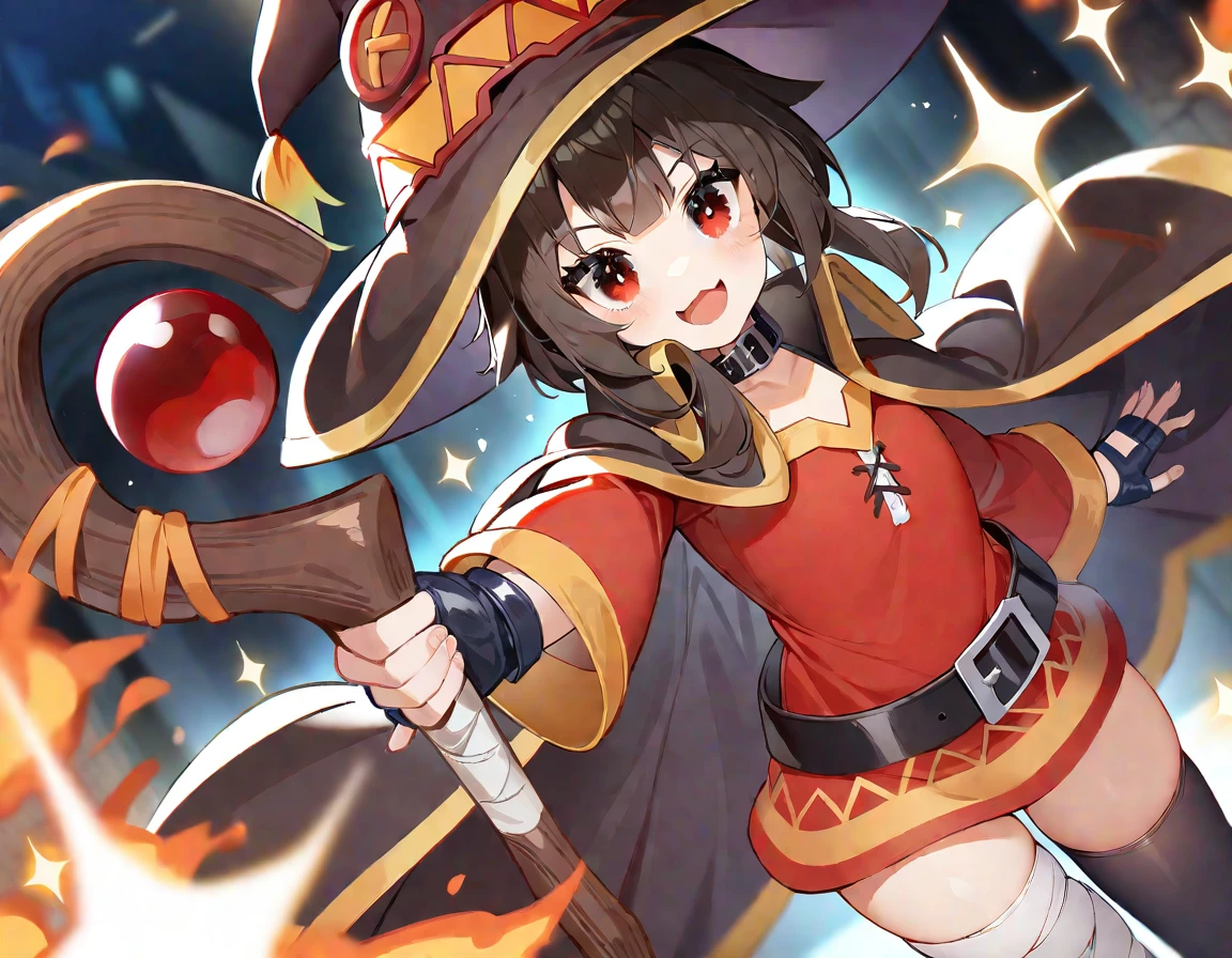 1girl, megumin, solo, hat, gloves, fingerless gloves, thighhighs, red eyes, witch hat, dress, open mouth, staff, belt, holding, red dress, cape, black thighhighs, black gloves, short hair, holding staff, looking at viewer, bandages, black hair, smile, single thighhigh, dutch angle, black belt, short dress, long sleeves, bangs, black cape, blush, black headwear, :d, sparkle, bandaged leg, magic, buckle, collar, brown hair, masterpiece,best quality