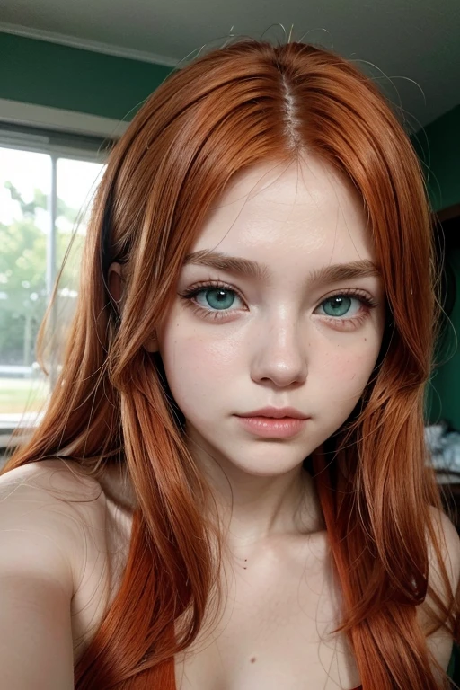 Girl with green eyes, orange turn red hair, 18 years old, long hair