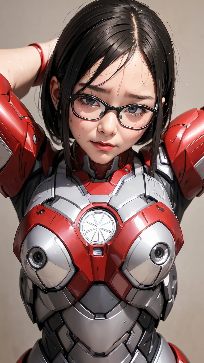 Highest quality 8k Iron Man Suit Girl Kindergarten girl Sweaty face Steam coming out of my head My hair is wet with sweat The feel of black hair Full body portrait My upper body is soaked Glasses